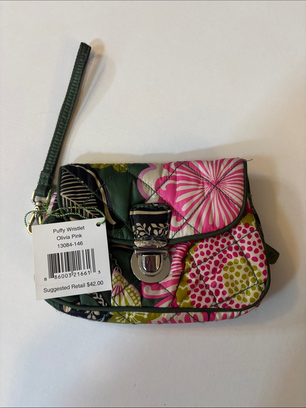 Vera Bradley Olivia Pink Puffy Wristlet - Pink, Green, Black - Picture 1 of 5